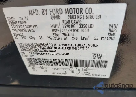 2016 Ford Explorer Limited from USA, damaged, VIN 1FM5K8F87GGC90746